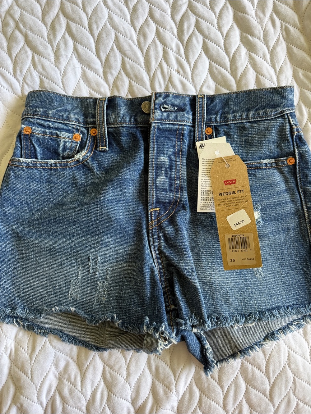 Levi's Blue High-Rise Wedgie Jean Shorts with Frayed Hem
